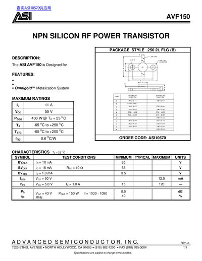 ASI AVF150 NPN Silicon RF Power Transistor Datasheet - cover page