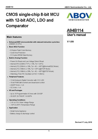 ABOV Semiconductor A94B114 CMOS 8‑Bit MCU User Manual - cover page