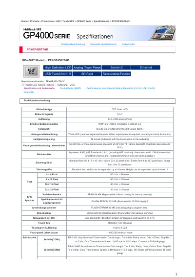 Pro-face PFXGP4501TAD HMI/Touch SPS Datasheet - cover page