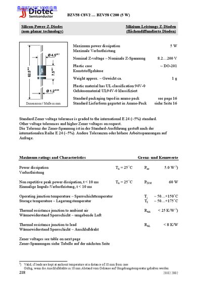Diotec Semiconductor BZV58 C8V2 ... BZV58 C200 (5 W) - cover page