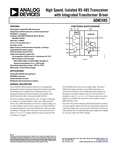 Analog Devices ADM2485 High Speed Isolated RS-485 Transceiver Datasheet