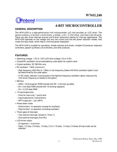 Winbond W741L240 4-bit Microcontroller Handbook - cover page