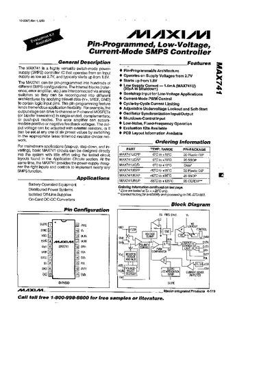 Maxim MAX741 Datasheet – Pin-Programmed Low-Voltage Current-Mode SMPS Controller - cover page