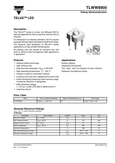 Vishay TLWW8900 TELUX LED Datasheet - cover page