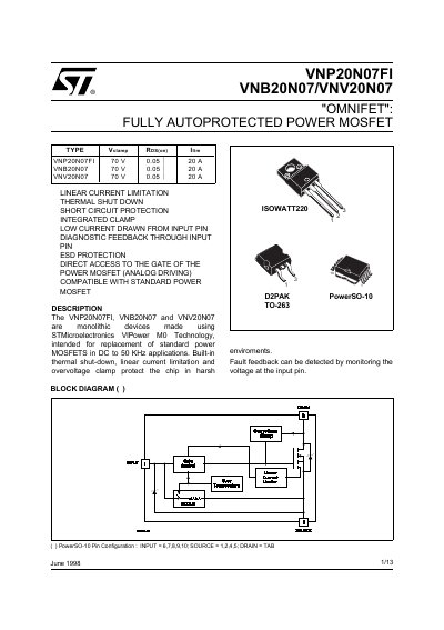 STMicroelectronics VNP20N07FI/VNB20N07/VNV20N07 OMNIFET Datasheet