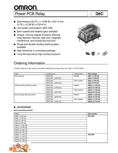 Omron G6C Power PCB Relay Datasheet - cover page