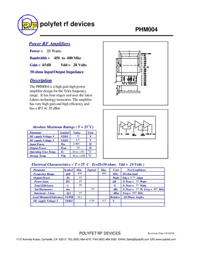 PolyFET PHM004 Power RF Amplifier Datasheet - cover page