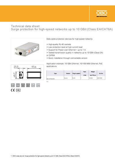 OBO ND-CAT6A/EA8-pole RJ45 Surge Protection Data Sheet - cover page