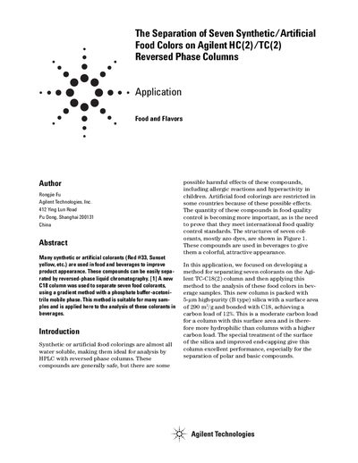 Agilent TC-C18(2) Column Application Note: Separation of Seven Synthetic Food Colors - cover page