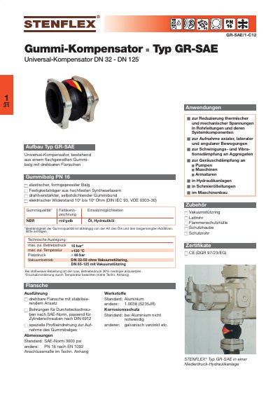 Steinflex GR-SAE Rubber Compensator Technical Data Sheet - cover page