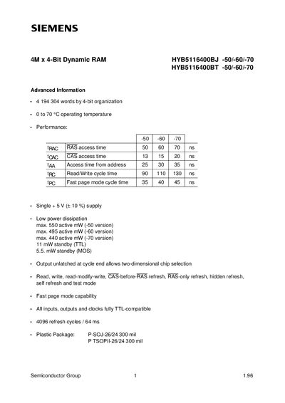 SIEMENS 4M x 4-Bit Dynamic RAM Advanced Information HYB5116400BJ -50/-60/-70 HYB5116400BT -50/-60/-70 - cover page