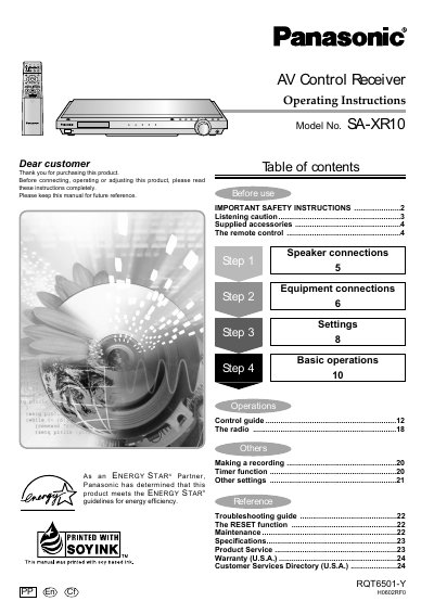 Panasonic SA-XR10DVD Control Receiver Operating Instructions - cover page