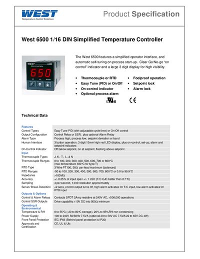 West 6500 Simplified Temperature Controller Handbook - cover page