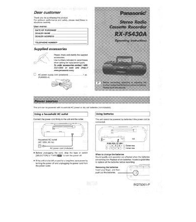 Panasonic RX-FS430A Stereo Radio Cassette Recorder Operating Instructions
