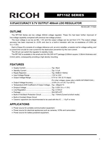 Ricoh RP116Z Series LDO Regulator Datasheet