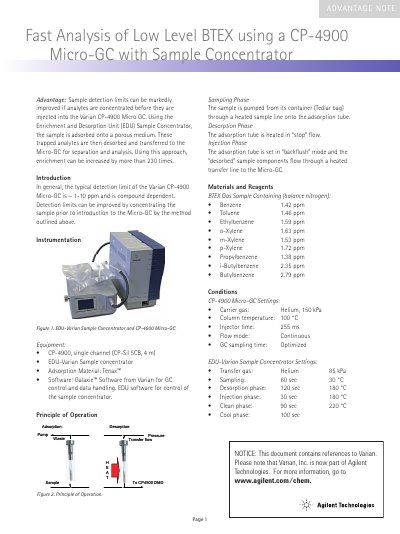 Agilent CP-4900 Micro-GC Fast Analysis of Low Level BTEX Manual