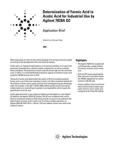 Agilent 7820A GC Application Brief for Formic Acid Determination - cover page