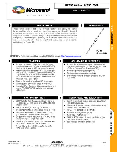 Microsemi 14KESD5.0‑14KESD170CA Axial‑Lead TVS Datasheet - cover page