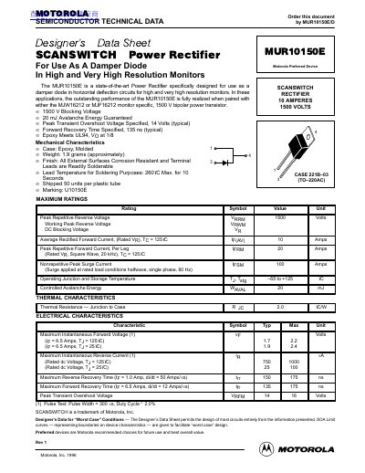 Motorola MUR10150E Power Rectifier Designer's Data Sheet - cover page