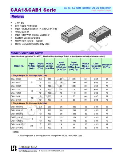 Bothhand CAA1&CAB1 Series Isolated DC-DC Converter Datasheet - cover page