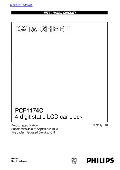 Philips PCF1174C 4-digit static LCD car clock Datasheet - cover page