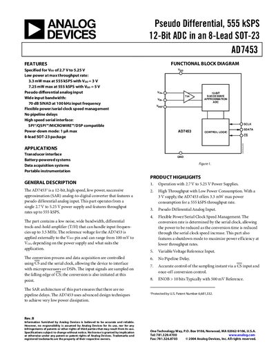 Analog Devices AD7453 12‑Bit ADC Datasheet
