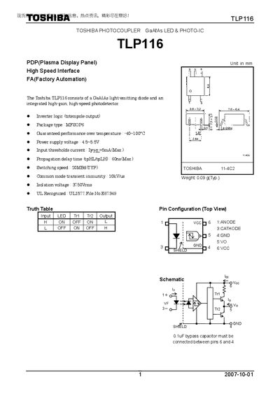 Toshiba TLP116 Photocoupler Datasheet - cover page