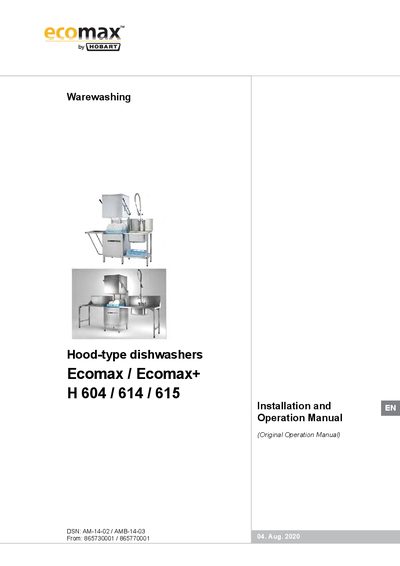 Hobart Ecomax/Ecomax+ H604/H614/H615 Dishwasher Installation and Operation Manual - cover page