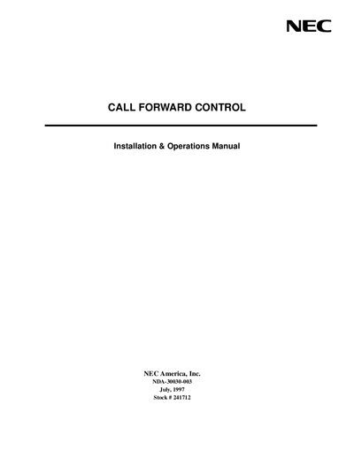 NEC Call Forward Control NDA-30030-003 Installation & Operations Manual - cover page