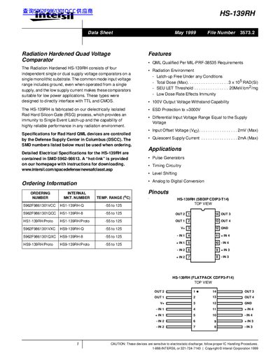 Intersil HS-139RH Quad Voltage Comparator Data Sheet - cover page