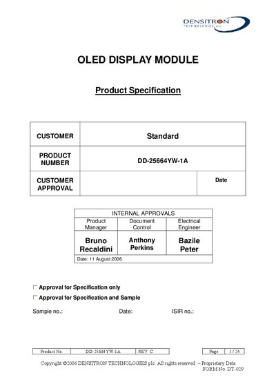 Densitron DD-25664YW-1A OLED Display Module Product Specification - cover page