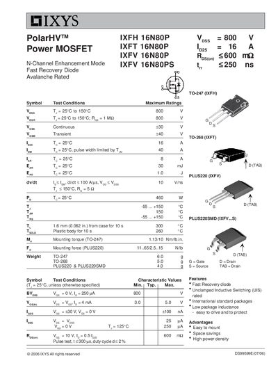 IXYS SEMICONDUCTOR - 2006 IXYS All rights reserved G D S G = Gate D = Drain S = Source TAB = Drain DS99599E(07/06) Manual - cover page