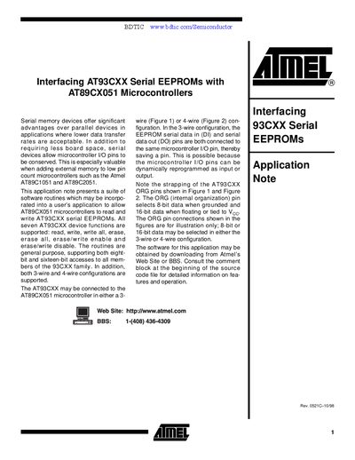 Atmel AT89CX051 Application Note Interfacing AT93CXX Serial EEPROMs - cover page
