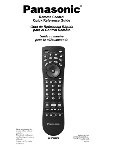 Panasonic EUR7603Z10 Remote Control Quick Reference Guide - cover page