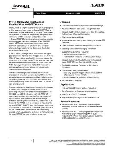 Intersil ISL6622B MOSFET Driver Datasheet - cover page