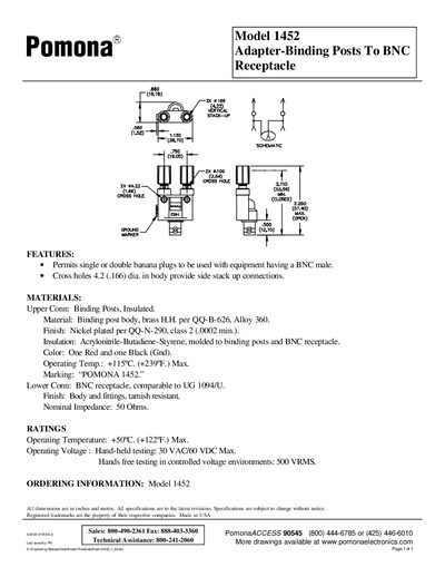 Pomona Model 1452 Adapter-Binding Posts To BNC Receptacle Datasheet - cover page
