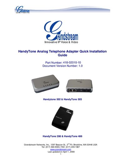 Grandstream HandyTone Analog Telephone Adapter Quick Installation Guide - cover page