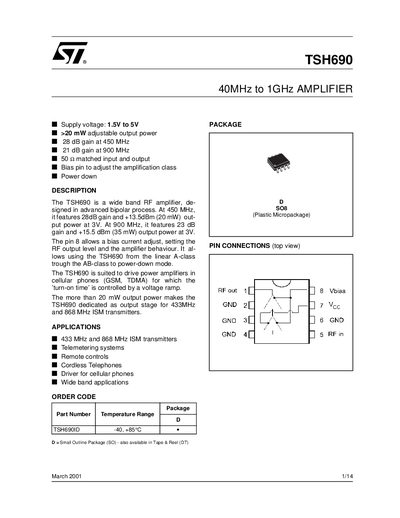 STMicroelectronics TSH690 40MHz to 1GHz Amplifier Datasheet - cover page