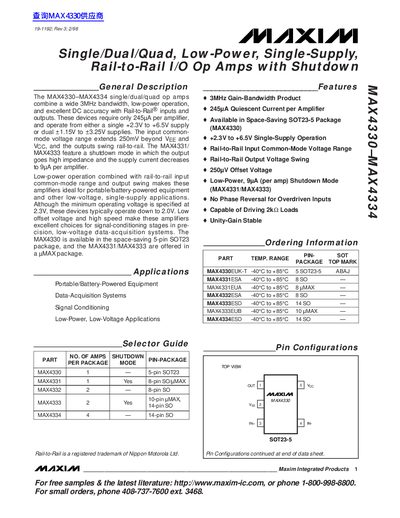 MAXIM MAX4330-MAX4334 Single/Dual/Quad Op Amps Datasheet - cover page