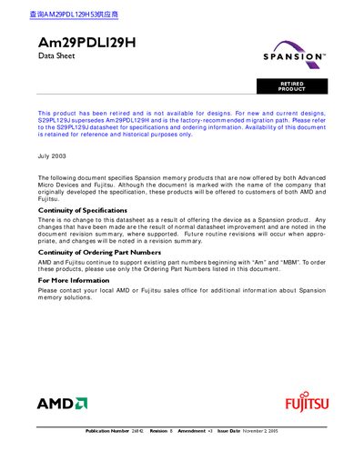Spansion Am29PDL129H Flash Memory Datasheet - cover page