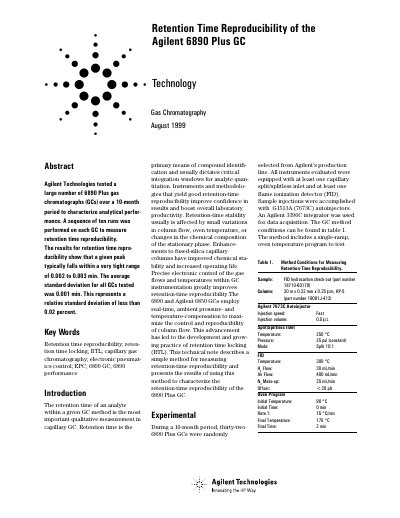 Agilent 6890 Plus GC Retention Time Reproducibility Technical Note