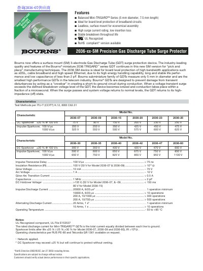 BOURNS 2036-xx-SM Precision Gas Discharge Tube Surge Protector - cover page