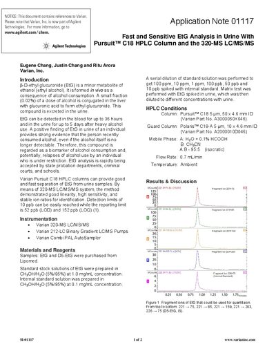 Agilent Fast Sensitive EtG Analysis in Urine With Pursuit C18 HPLC Column the 320-MS LC/MS/MS Application Note - cover page