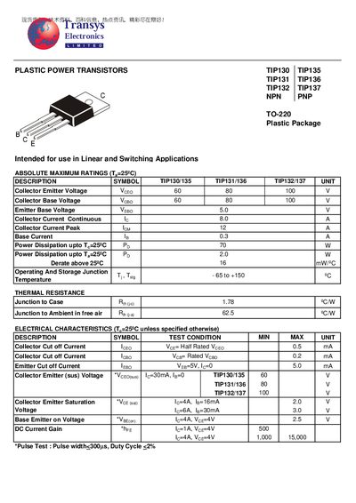 Transys Electronics TIP130/131/132/135/136/137 Datasheet - cover page