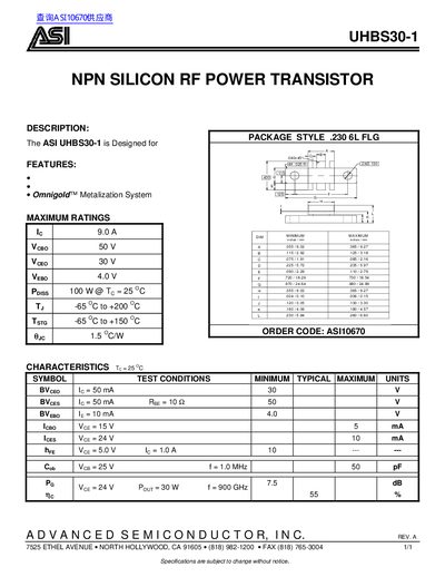 ASI UHBS30-1 NPN Silicon RF Power Transistor Datasheet - cover page