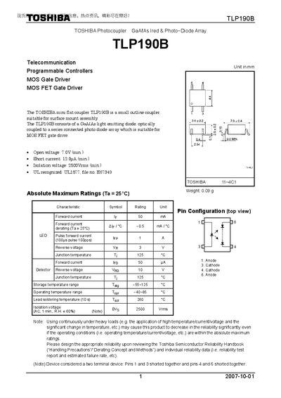 Toshiba TLP190B Photocoupler Datasheet - cover page