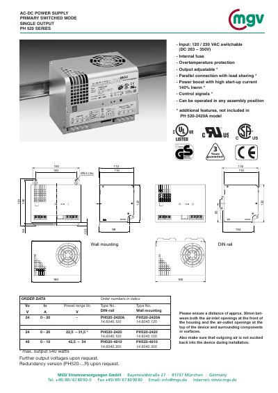 MGV PH 520 Series AC-DC Power Supply Datasheet - cover page