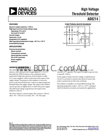 Analog Devices AD8214 High‑Voltage Threshold Detector Datasheet - cover page