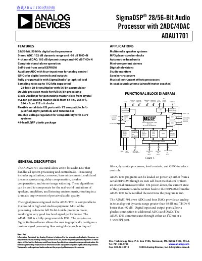 ANALOG DEVICES ADAU1701 SigmaDSP 28/56-Bit Audio Processor with 2ADC/4DAC handbook - cover page