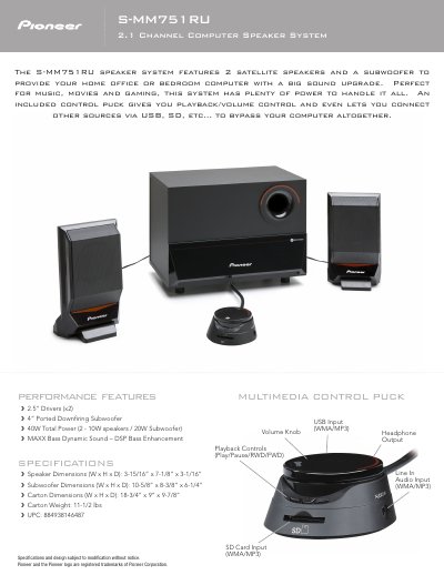 Pioneer S-MM751RU Speaker System Product Leaflet - cover page